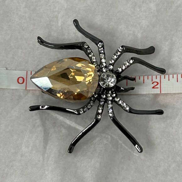 Champagne Crystal Spider Pin Brooch Amber Rhodium Plated Brass 2" Gothic Emo‎ - Picture 6 of 7